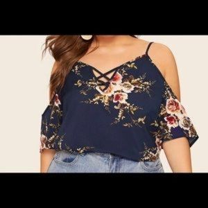 Cold Shoulder Navy Floral Print Top